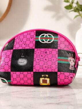 Pink Checker Cosmetic Pouch with Signature Motif